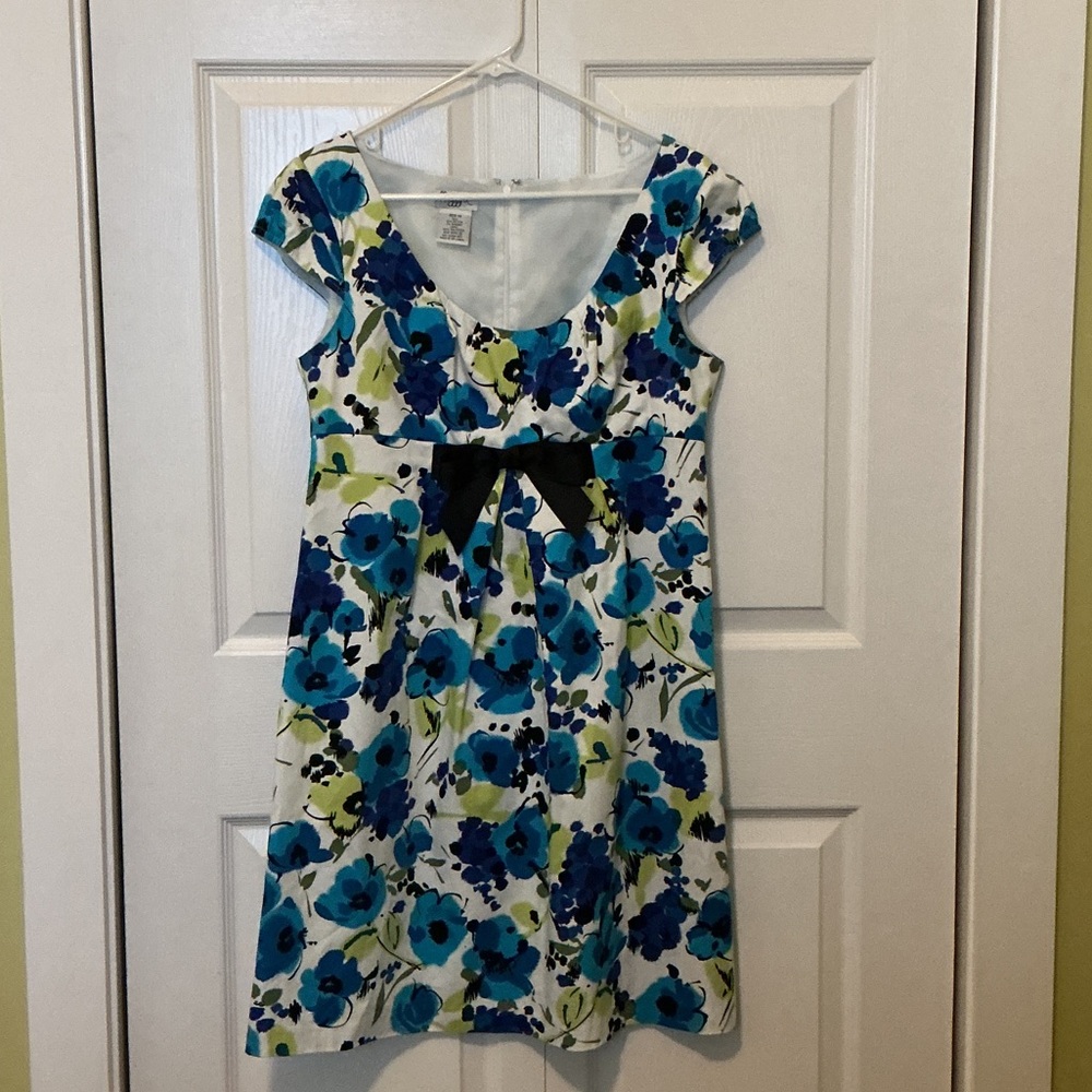 Maggy L Floral Dress with Blue and Green Pattern empire waist with black bow